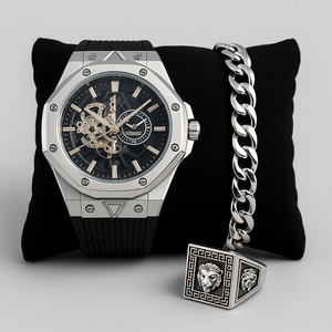 Luxury Men’s 3-in-1 Gift Set Deal – Hublot Style Silver Dial Watch + Cuban Link Bracelet + Lion Head Ring | Premium Combo Offer
