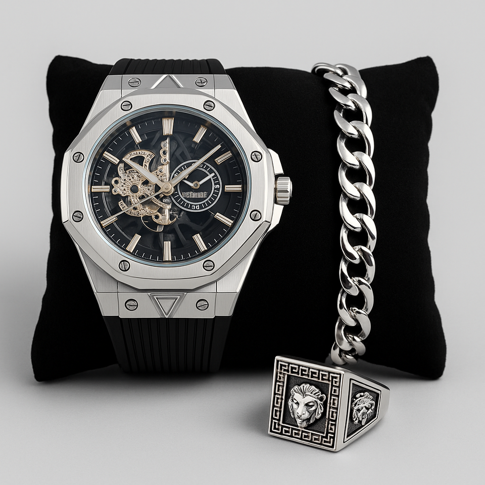 Luxury Men’s 3-in-1 Gift Set Deal – Hublot Style Silver Dial Watch + Cuban Link Bracelet + Lion Head Ring | Premium Combo Offer