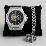 Luxury Men’s 3-in-1 Gift Set Deal – Hublot Style Silver Dial Watch + Cuban Link Bracelet + Lion Head Ring | Premium Combo Offer